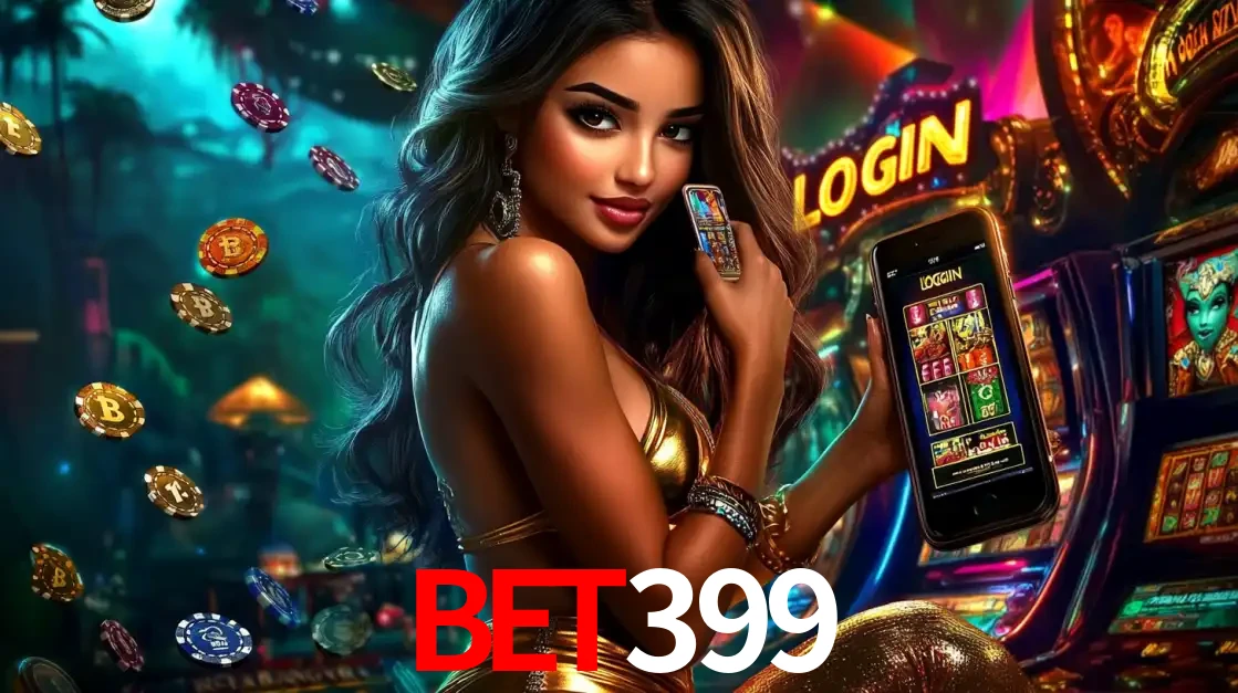 Mulher em um cenário de cassino temático de aventura, mostrando o app de caça-níqueis da BET399 no celular. Fichas de apostas flutuam ao redor.