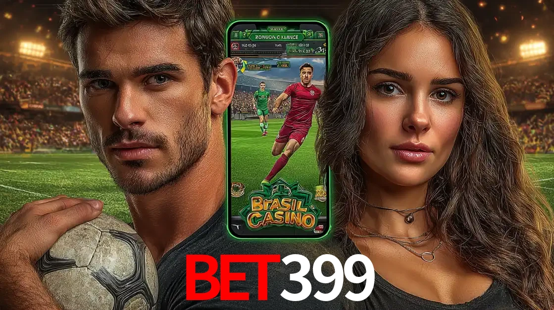 Homem segurando uma bola de futebol e uma mulher ao lado de um smartphone exibindo o jogo de apostas esportivas da BET399. Faça seu palpite no cassino online.